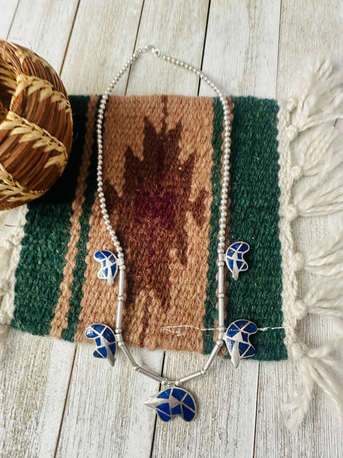 Vintage Old Pawn Navajo Sterling Silver & Lapis Fetish Bear Inlay Necklace
