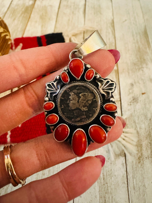 Handcrafted Sterling Silver and Coral Liberty Coin Pendant by Randy Boyd
