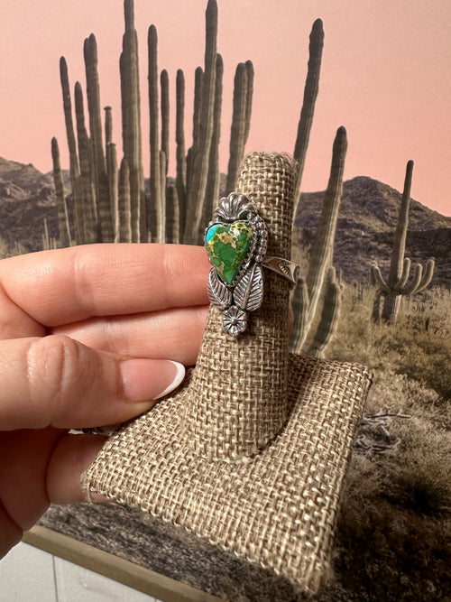 Beautiful Handmade Sonoran Mountain Turquoise And Sterling Silver Adjustable HEART Ring