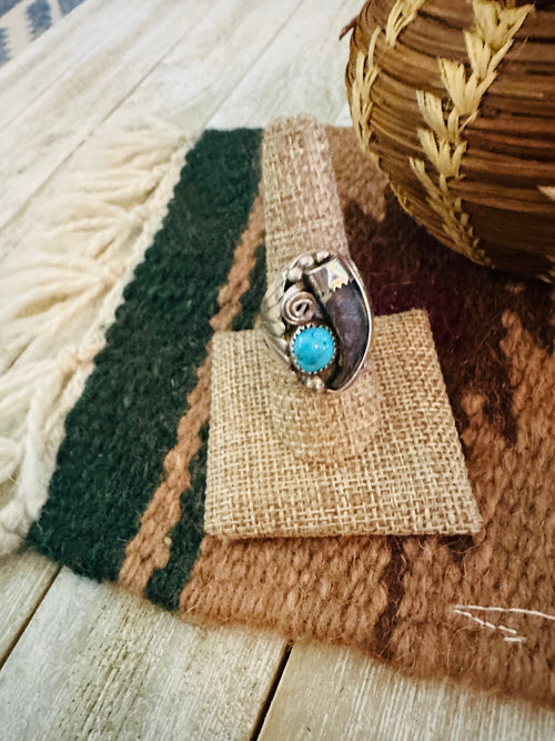 Old Pawn Handcrafted Turquoise & Sterling Silver Ring Size 9