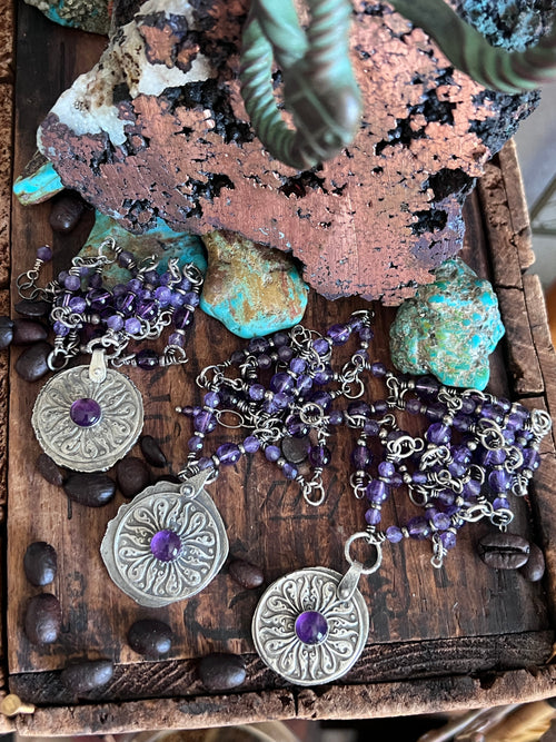 Tularosa Rosary Style Sterling Silver and Amethyst Relic Coin Necklace