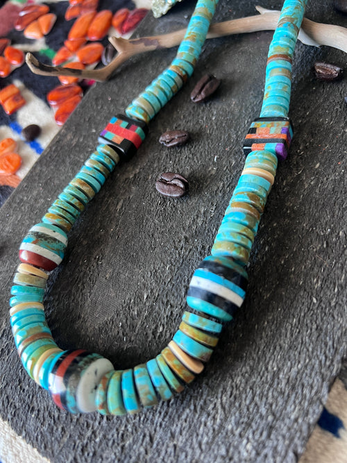 Ronald Chavez Handcrafted Turquoise Heishi Beaded Santo Domingo Necklace with Layered Bead Accents