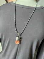Sterling Silver Gem Collector 30” + 2” Beaded Necklace w/ Red Botswana Agate & Rosette Pendant