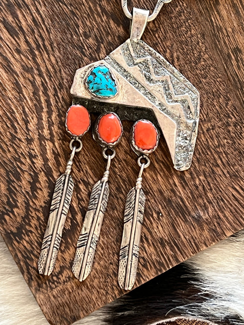 Vintage Navajo Sterling Silver, Turquoise and Mediterranean Coral Feather Necklace, Stamped G