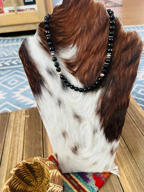 Handcrafted Black Onyx & Sterling Silver Beaded 16” Necklace by T & R Singer