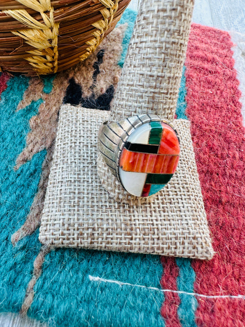 Old Pawn Handcrafted Multi Stone & Sterling Silver Inlay Ring Size 13