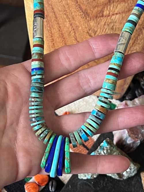 Ronald Chavez Handcrafted Sterling Silver & Multistone Heishi Beaded Santo Domingo Necklace with Tabs