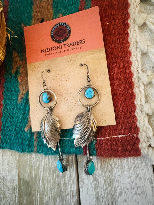 Old Pawn Navajo Sterling Silver & Turquoise Feather  Dangle Earrings