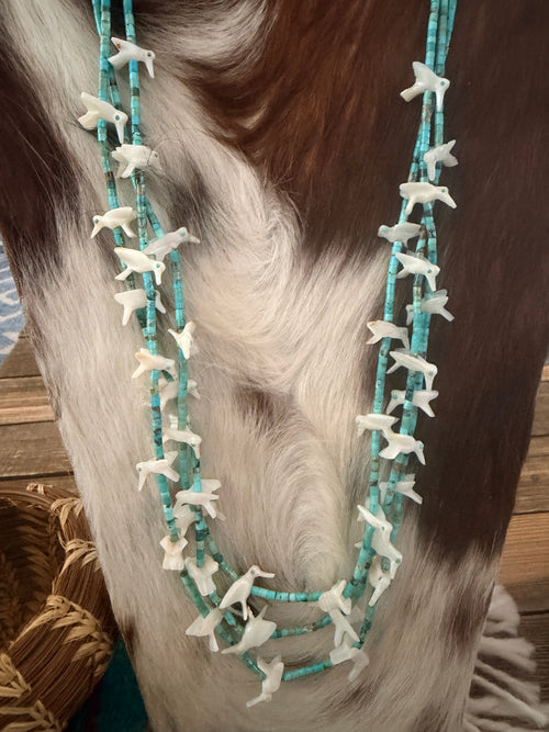Old Pawn Handcrafted Turquoise & Mother of Pearl Fetish Hummingbird Beaded 29” Necklace