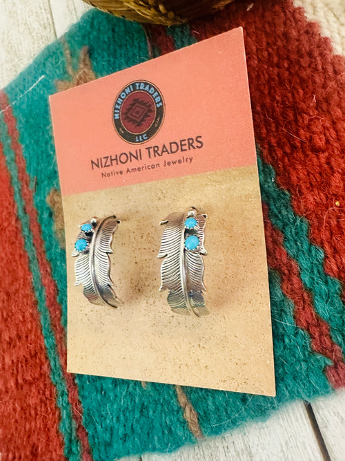 Navajo Turquoise & Sterling Silver Hoop Feather Earrings