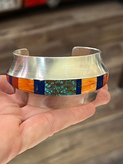 Old Pawn Sterling Silver, Number 8 Turquoise, Lapis, Spiny Oyster and Coral Inlay Cuff Bracelet by Duane Maktima