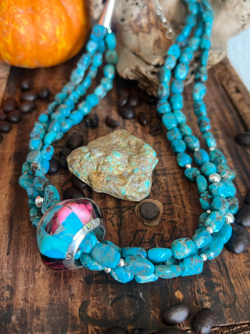 Daniel Coriz Triple Strand Turquoise and Sterling Beaded Necklace w/ Removable Sterling Silver & Stone Inlay Bead