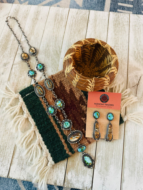 Navajo Sterling Silver, Ribbon and Sonoran Turquoise Necklace and Earring Set by Diane Wylie