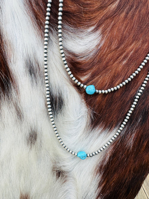 Handcrafted Turquoise & Sterling Silver Pearl 3mm Beaded Necklace