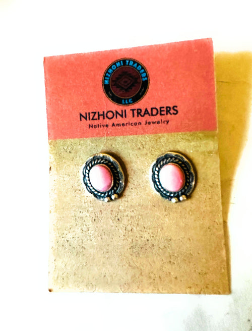 Navajo Sterling Silver & Queen Pink Conch Stud Earrings