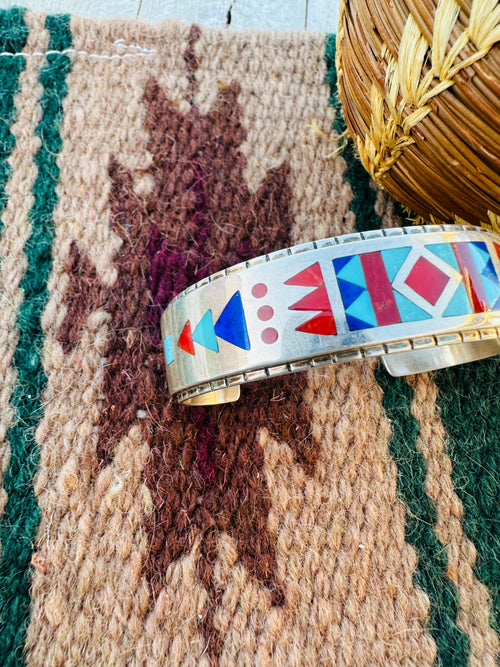 Handcrafted Old Pawn Sterling Silver & Multi Stone Inlay Cuff Bracelet by R.N. Laconsello