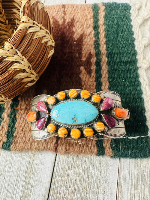 Old Pawn Navajo Turquoise, Spiny & Sterling Silver Cuff Bracelet