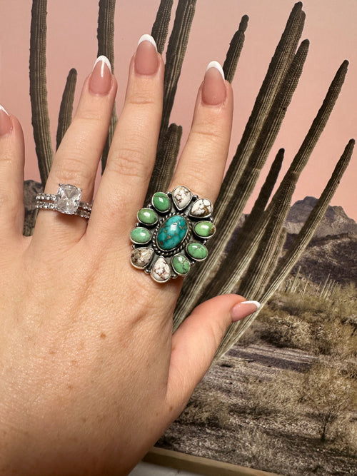 Handmade Palomino Turquoise, Wild Horse, Sonoran Mountain And Sterling Silver Adjustable Ring