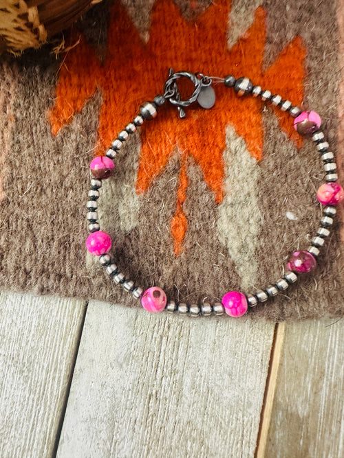 Navajo Pink Mojave and Sterling Silver Pearl Beaded Bracelet