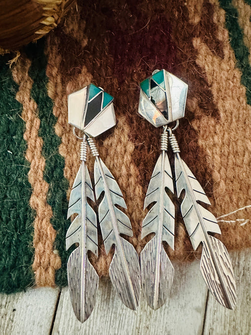 Old Pawn Navajo Sterling Silver, Turquoise & Onyx Feather Clip On Dangle Earrings