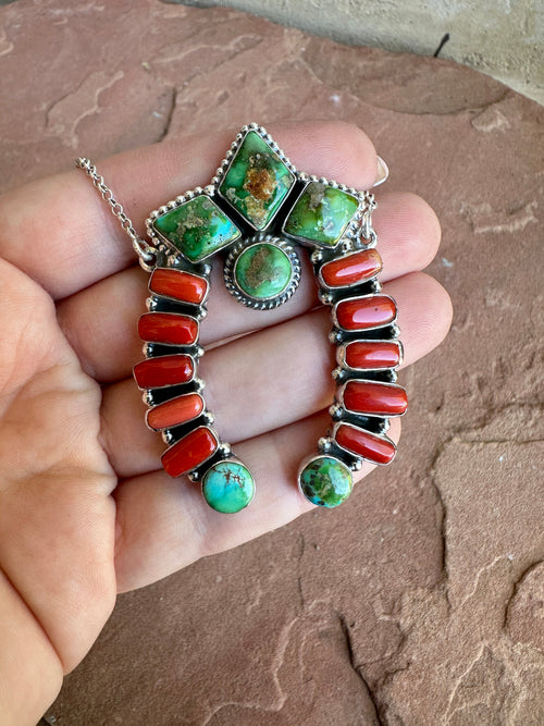 Beautiful Handmade Sterling Silver, Coral & Sonoran Turquoise NAJA Necklace