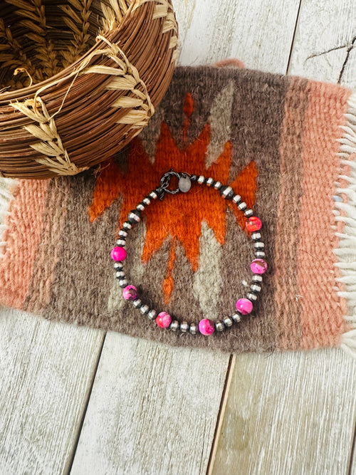 Navajo Pink Mojave and Sterling Silver Pearl Beaded Bracelet