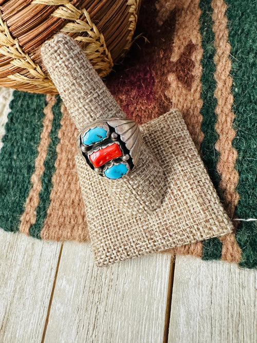 Old Pawn Handcrafted Turquoise, Coral & Sterling Silver Ring Size 8.5