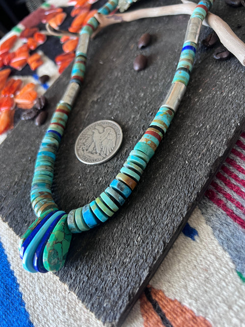 Ronald Chavez Handcrafted Sterling Silver & Multistone Heishi Beaded Santo Domingo Necklace with Tabs