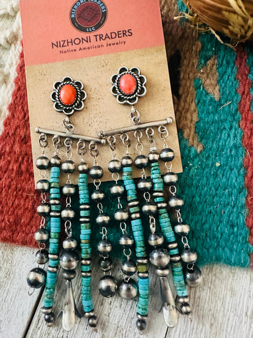 Navajo Turquoise, Coral  & Sterling Silver Pearl Beaded Tassel Dangle Earrings