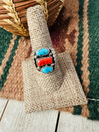 Old Pawn Handcrafted Turquoise, Coral & Sterling Silver Ring Size 8.5