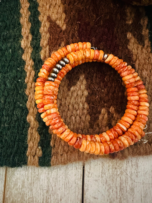 Navajo Orange Spiny Oyster Shell & Sterling Silver Pearl Beaded Wrap Bracelet