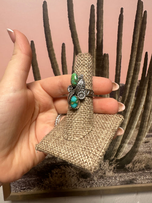 Beautiful Handmade Sonoran Turquoise And Sterling Silver Adjustable 2 Stone Flower Leaf Ring