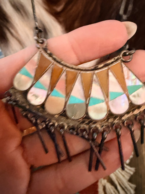 Old Pawn Handcrafted Sterling Silver and Multi Stone Inlay Necklace