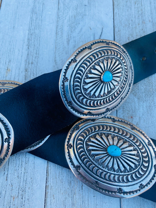 Vintage Navajo Black Leather And Sterling Silver Turquoise Concho Belt