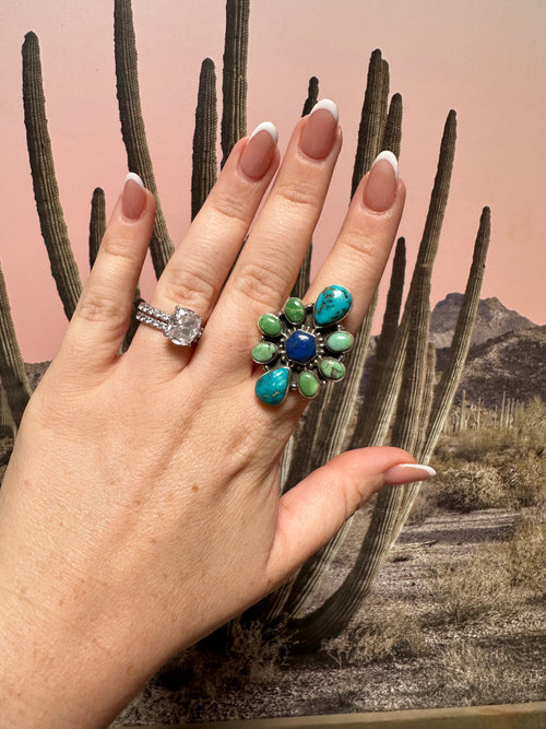 Beautiful Handmade Sonoran Mountain Turquoise, Palomino Turquoise, Lapis And Sterling Silver Adjustable Ring