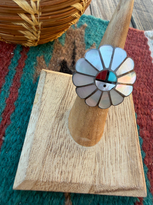 Old Pawn Handcrafted Multi Stone & Sterling Silver Sun Face Ring Size 4.5
