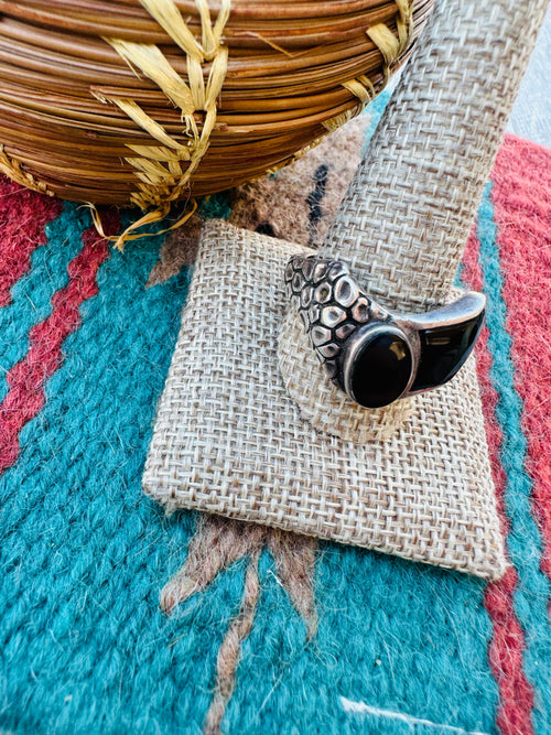 Old Pawn Handcrafted Black Onyx & Sterling Silver Inlay Ring Size 13