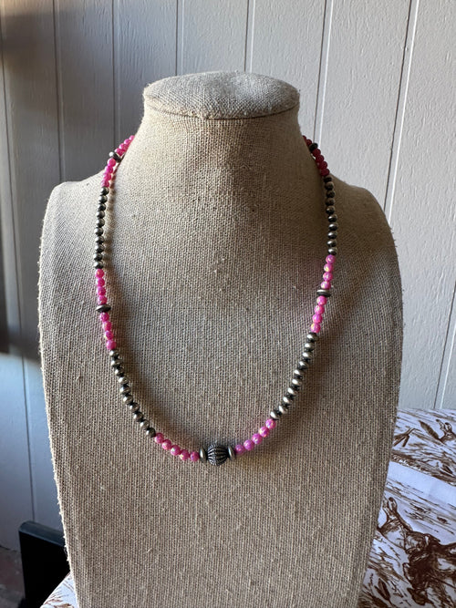 Handmade Navajo Pearl Style Sterling Silver, Pink Fire Opal Beaded Necklace