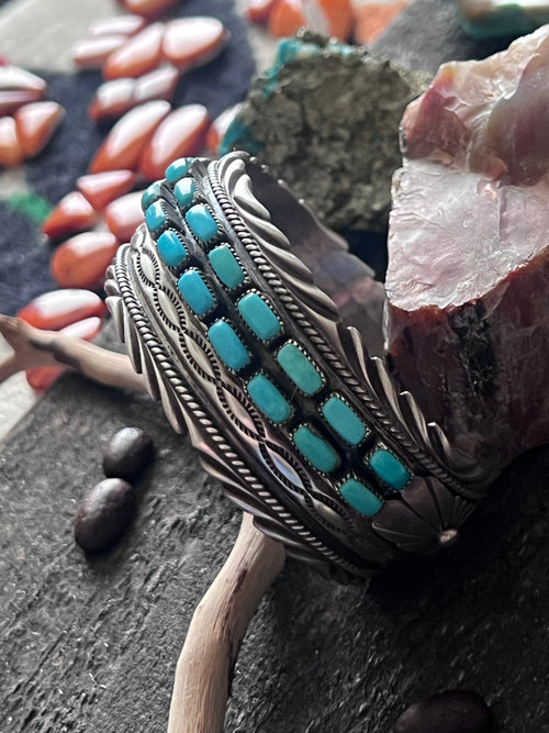 Estate Collection Vintage Sterling Silver and Kingman Turquoise Row Cuff by James Martin