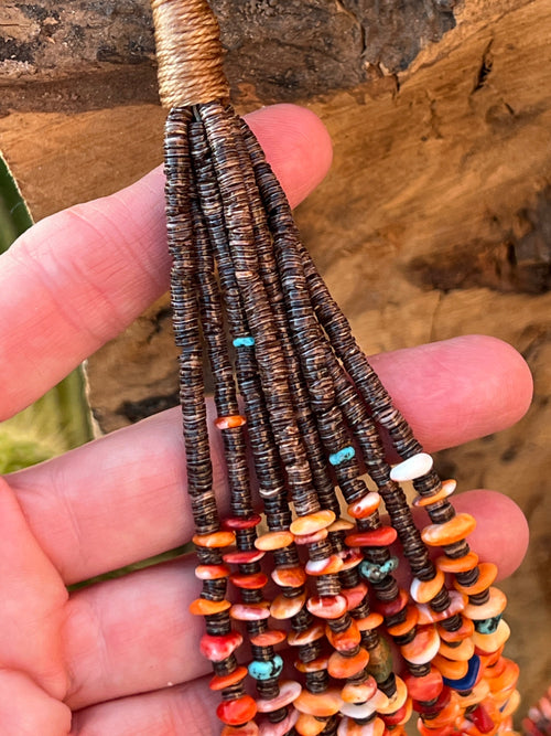 Gorgeous Navajo Made Eight Strand Spiny Oyster and Turquoise Beaded Squaw Wrap Necklace