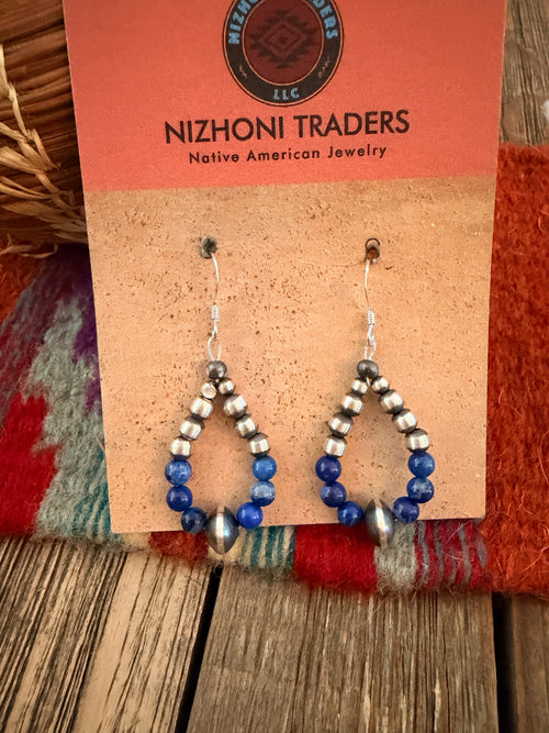Handcrafted Lapis & Sterling Silver Pearl Beaded Dangle Hoop Earrings