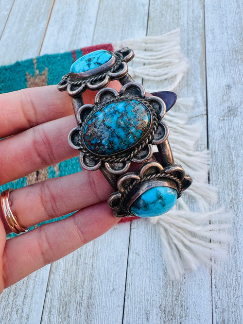 Handcrafted Old Pawn Sterling Silver & Kingman Turquoise Cuff Bracelet