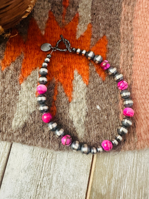 Navajo Pink Mojave and Sterling Silver Pearl Beaded Bracelet