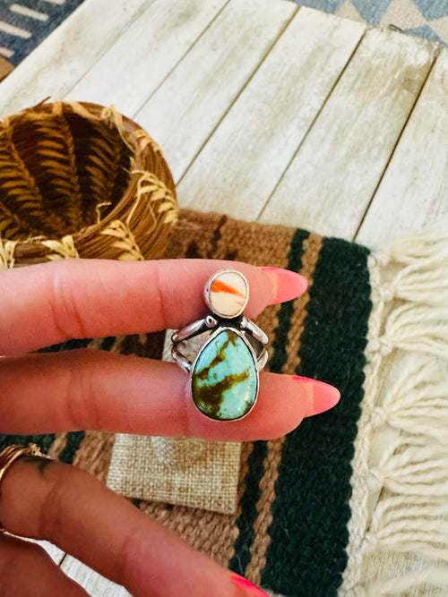 Old Pawn Navajo Sterling Silver, Turquoise & Spiny Ring Size 8