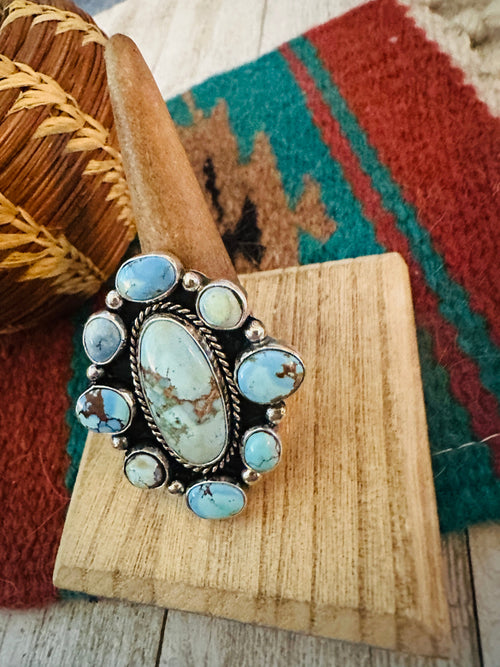 Navajo Sterling Silver & Golden Hills Turquoise Cluster Adjustable Ring