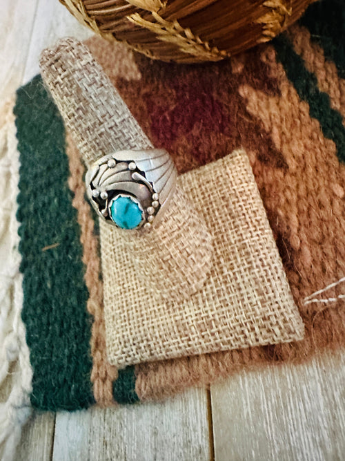 Old Pawn Handcrafted Turquoise, Coral & Sterling Silver Ring Size 5.5