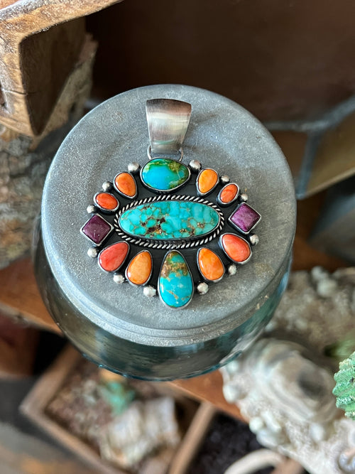 Navajo Sterling Silver Electric Rainbow Cluster Pendant by Angela Martin
