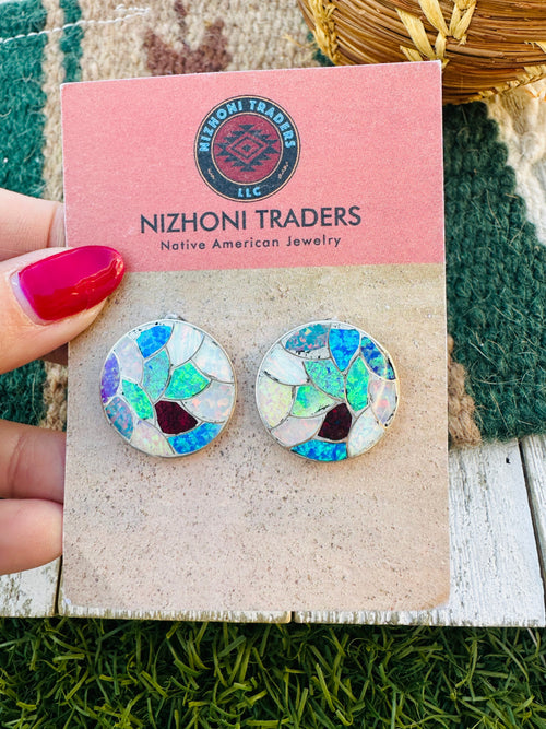Handcrafted Old Pawn Sterling Silver & Multicolor Opal Inlay Post Earrings