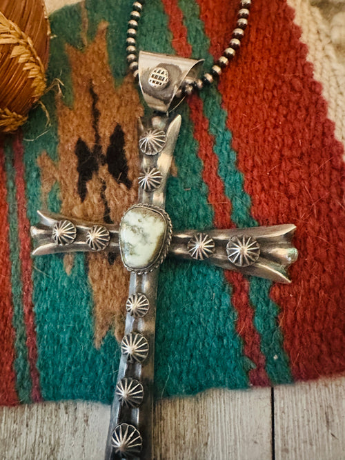 Old Pawn Handcrafted Turquoise and Sterling Silver Cross Pendant by Chimney Butte