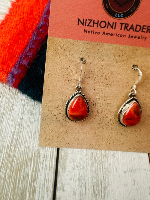 Navajo Sterling Silver Apple Coral Dangle Earrings